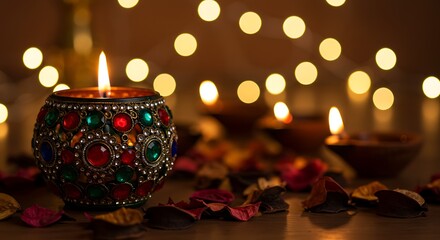 Celebrating Diwali with a brightly lit, colorful diya, surrounded by magical background bokeh.

