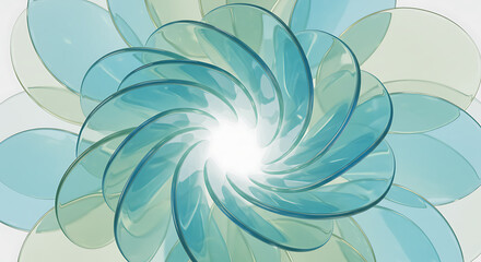 Abstract swirling translucent petals in shades of aqua and pale green with a bright light source at the center