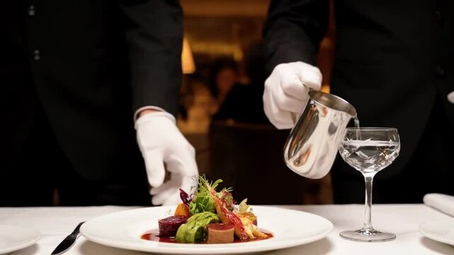 A gourmet meal being served by white-gloved waiters