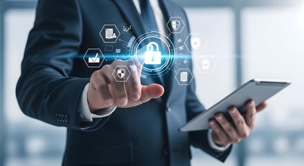 Businessman activating digital security padlock with tablet in modern office