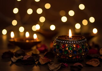 A ceremonial lamp with an ornate finish, symbolizing hope and light amidst a festive glow.

