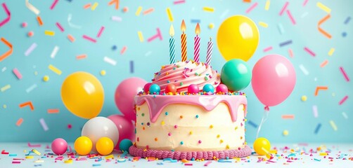 Vibrant vector pastel cake with colorful balloons & confetti, ideal for birthday card,  printable,  happy