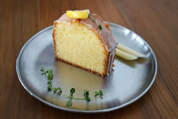 Close up Lemon pastry cake on aluminum plate