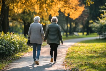 Friends aging gracefully, walking together on winding park path, rear perspective