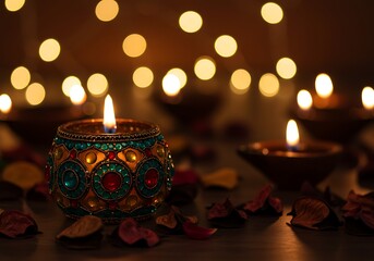 Beautifully decorated Diwali lamp illuminates a festive scene with soft, warm bokeh lights.

