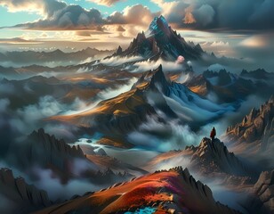 Digital painting of a majestic mountain landscape with clouds enveloping it. AI generated