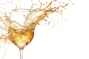 White wine splashing out of clear glass on white background