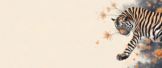 Digital painting illustration of a tiger behind plants on a beige empty space background. AI generated