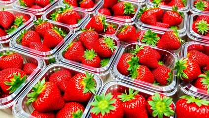 Abundant fresh red strawberries packed in clear plastic containers