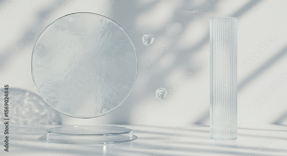 Poster minimalist scene with abstract glass forms and soft shadows creating a serene and elegant aesthetic 