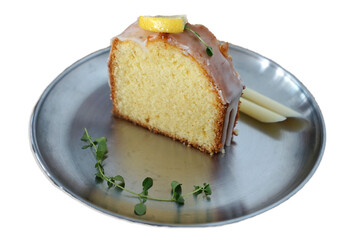 Isolated of Lemon pastry cake on aluminum plate