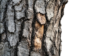 Obraz premium Close-up of rough textured tree bark with isolated white background