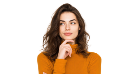 Thoughtful woman with long hair in orange turtleneck, isolated on white background.