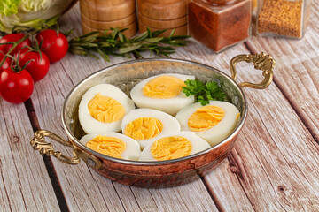 Boiled chicken eggs with bright yolk