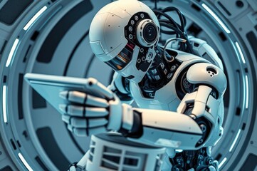Humanoid robot floating using thrusters while inspecting station