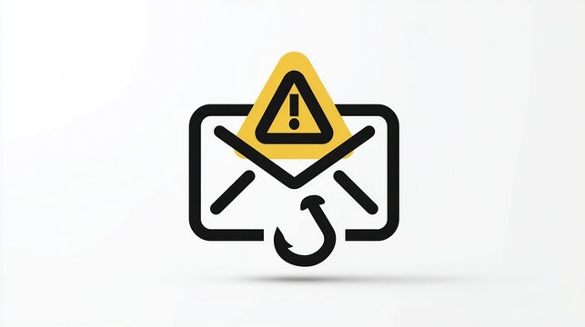Phishing mail symbol with hook on white, depicting cyber threats in computer security