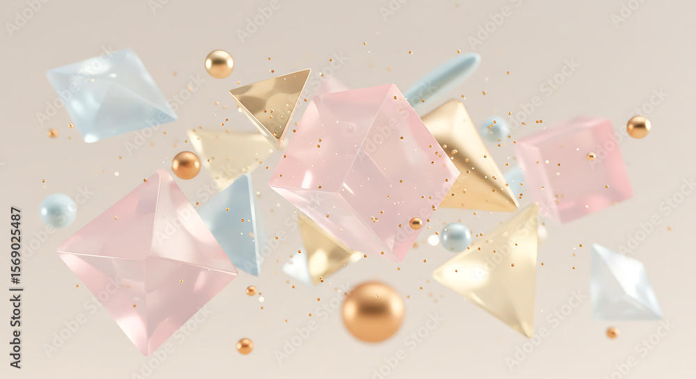 Fototapete abstract composition of translucent geometric shapes and golden spheres floating with scattered conf