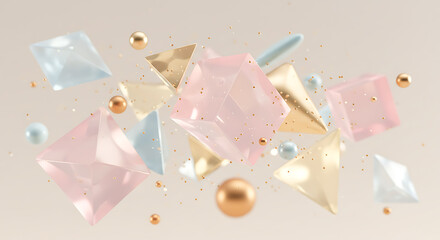 Abstract composition of translucent geometric shapes and golden spheres floating with scattered confetti on a soft neutral background