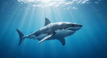 Obraz premium Majestic Predator: A stunning shot of a great white shark glides through the deep blue sea, sunlight streams illuminating its sleek form, showcasing its power and grace.