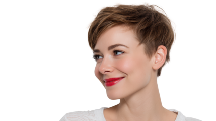 Young woman with short hair and vibrant red lips smiling, isolated on a white background.