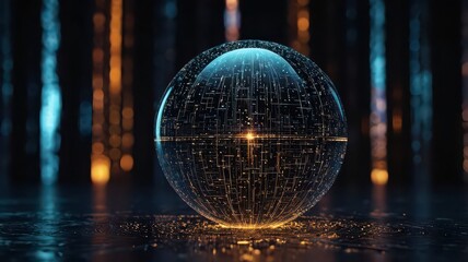 A glowing sphere with intricate circuitry patterns resting on a reflective surface with bokeh lights