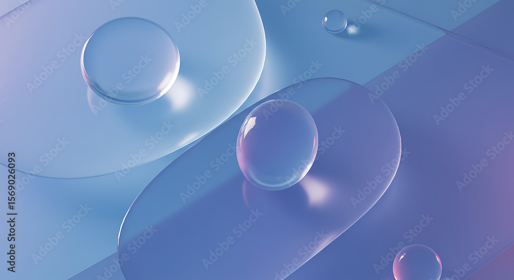 Poster abstract composition with translucent spheres and smooth curved planes in soft blue and purple gradi