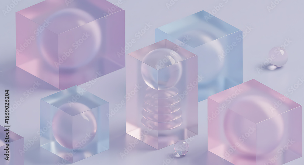 Poster abstract geometric composition featuring translucent pastel colored cubes and spheres with soft ligh