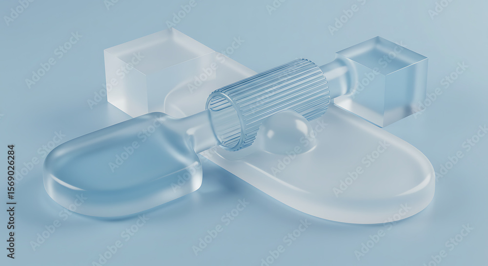 Poster abstract minimalist composition of translucent frosted glass shapes with a ribbed cylinder and smoot