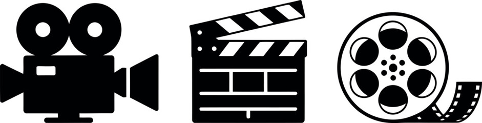 Vector Filmmaking Icons: Clapperboard, Camera, Film Reel
