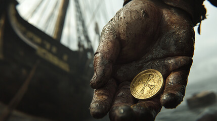 A close-up of a pirate’s weathered hand holding a gold coin, with a ship in the background