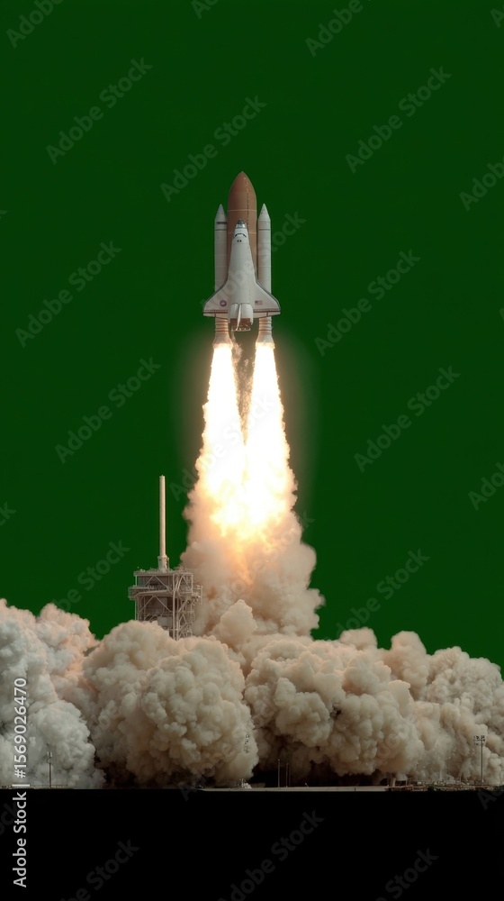 Poster energetic rocket taking off with a burst of vivid hues set to a green screen backdrop ideal for anim