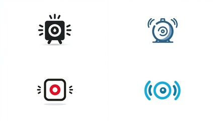 Four stylized audio icons; speaker, alarm, record, & sound wave, minimalist designs for tech