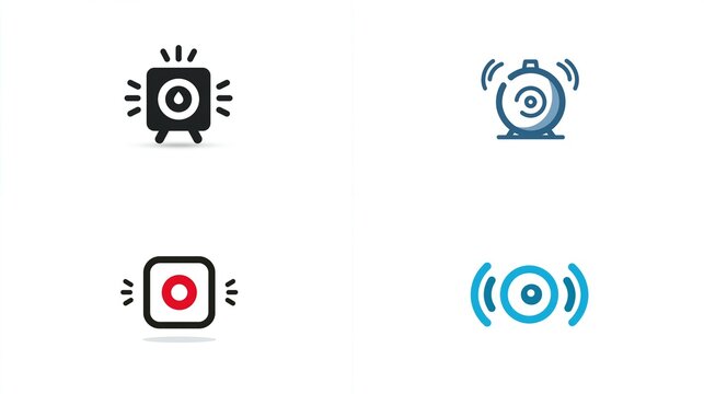Four stylized audio icons; speaker, alarm, record, & sound wave, minimalist designs for tech