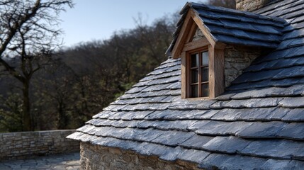 Angled view of slate roof on historic stone house in scenic rural setting.