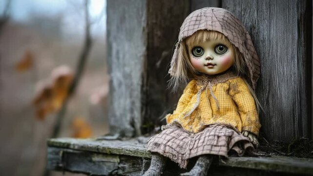 A vintage doll with a haunting expression sits on a rustic wooden ledge.
