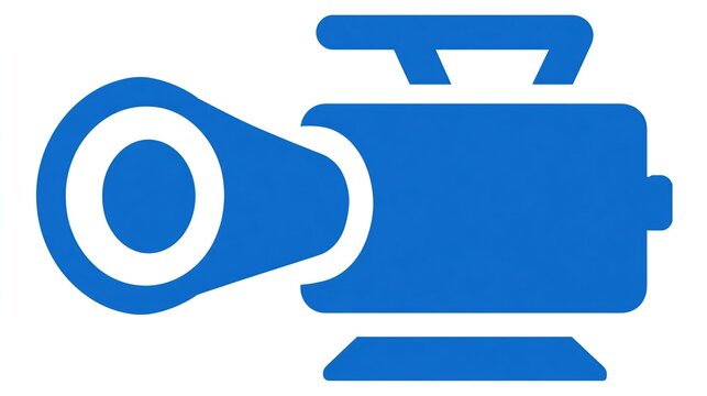 Bold blue flat icon of vintage film camera with lens and stand