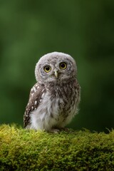 Obraz premium A small owl with yellow eyes sitting on green moss against a blurry green background outdoors looking ahead