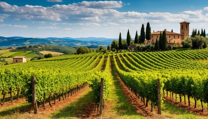 A picturesque vineyard landscape in Tuscany, featuring lush green rows of grapevines, a charming farmhouse, and a stunning sky. A serene representation of Italian countryside beauty. 3D, 4K.