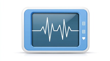 Blue monitor displaying a heart waveform on a reflective surface against white