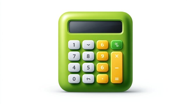 Green calculator isolated on white background, depicting financial computations; used for accounting, studies