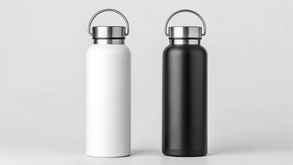 Two modern reusable water bottles one black and one white with metal handles and caps displayed side by side