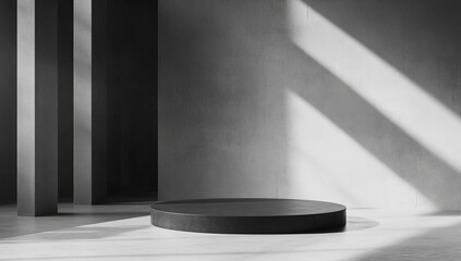 Modern, Empty, Dark Circle Display Platform in a Minimalist, Sunlit Room