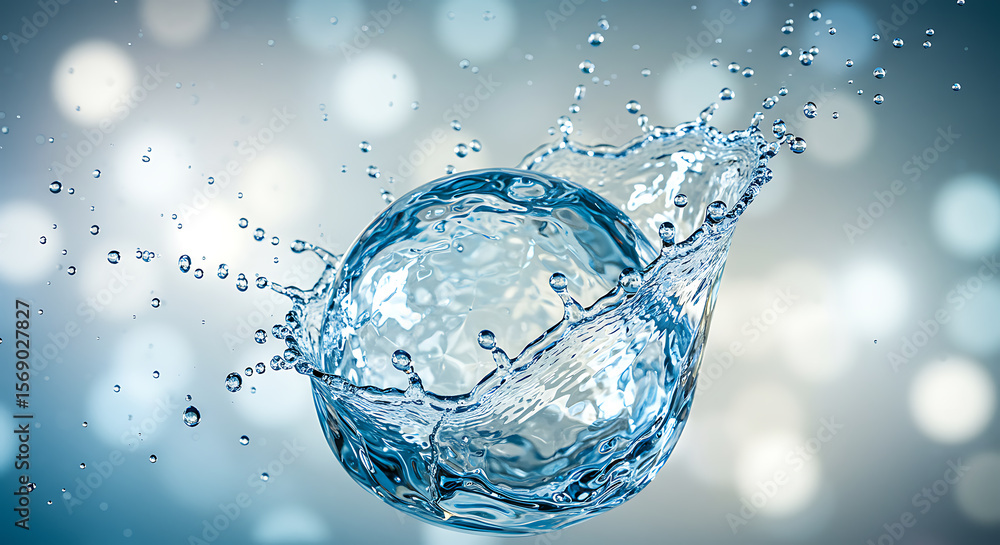 Poster dynamic splash of clear water encapsulating a sphere with droplets and bokeh background