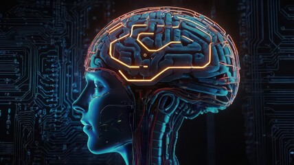 Humanoid head with brain and circuit board design illuminated with orange and blue lighting effect