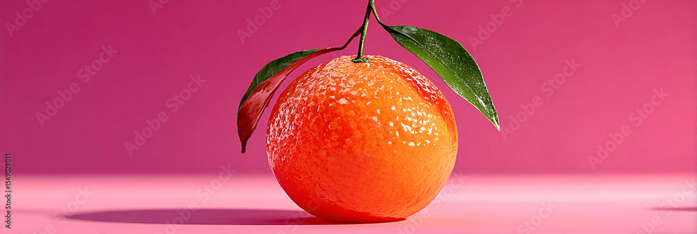 Aufkleber close up of a single tangerine with leaves against a pink background in a studio setting with shadow