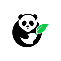 Minimalist panda holding leaf logo in cute rounded form for natural branding concept