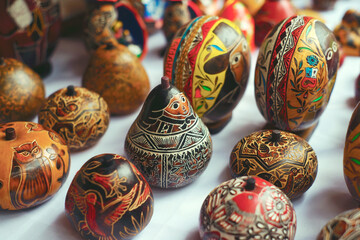 Peruvian artisanal traditional carved gourds called Peruvian craft, consisting of gourds engraved...