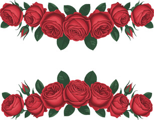 Elegant set of red rose garlands and borders with lush green leaves, perfect for romantic invitations, floral designs, weddings, and decorative accents.