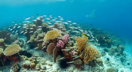 Naklejka premium Vibrant coral reef teeming with small fish in a clear, shallow ocean.