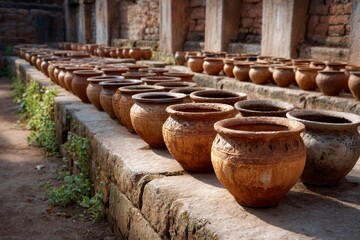 Rows of weathered earthen pots line a stone ledge their textured surfaces catching sunlight An ancient wall forms the backdrop
